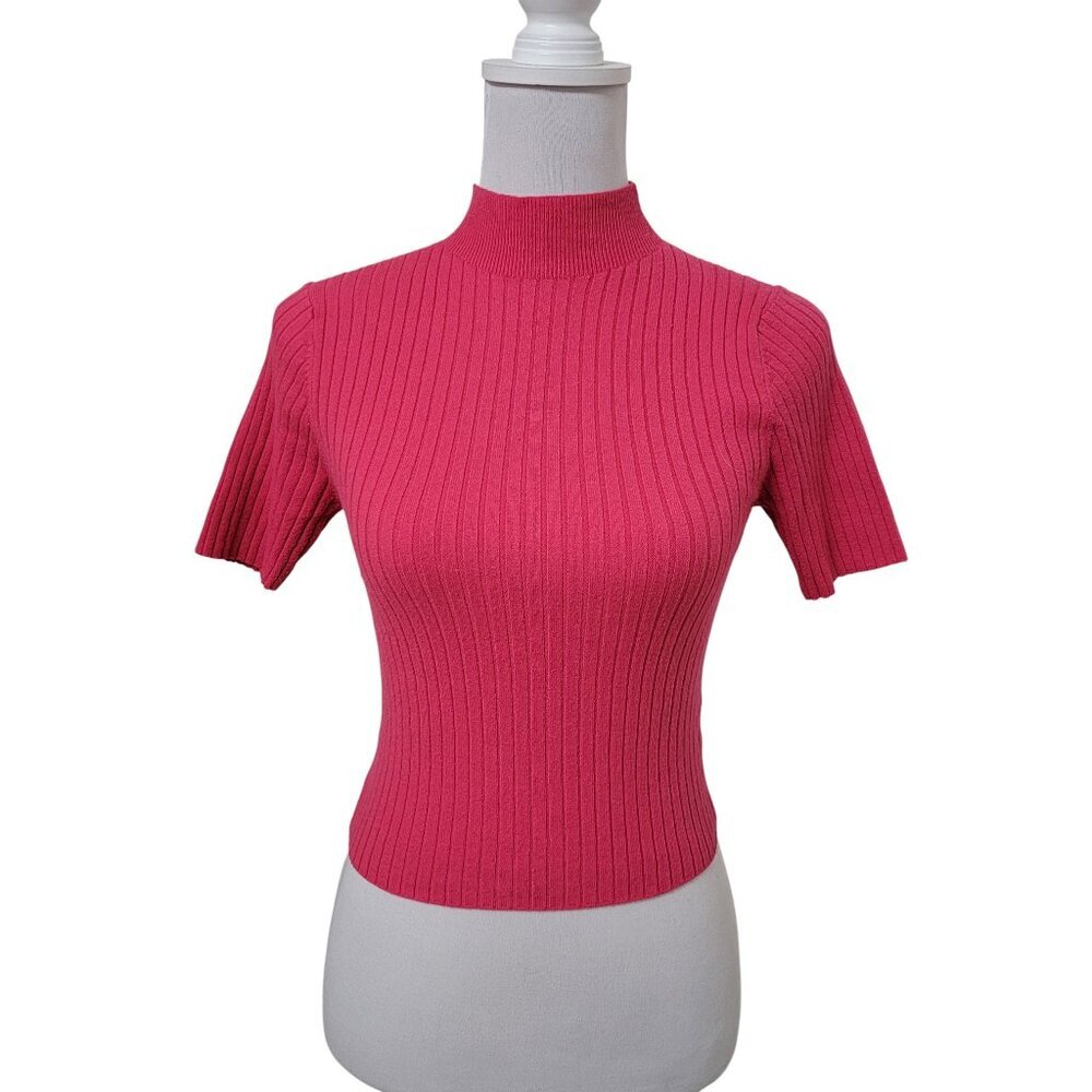 a new day Size S Pink Stretch Short Sleeve Ribbed Mock Neck Sweater